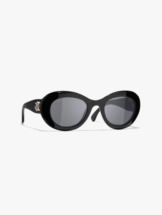 CHANEL Accessories - CHANEL Black Oval Sunglasses with Gold Logo Accent